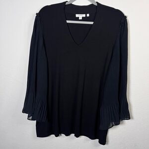 Chico's Sheer Pleated Sleeve Black V Neck Blouse Women’s Size 3 (XL) Shirt